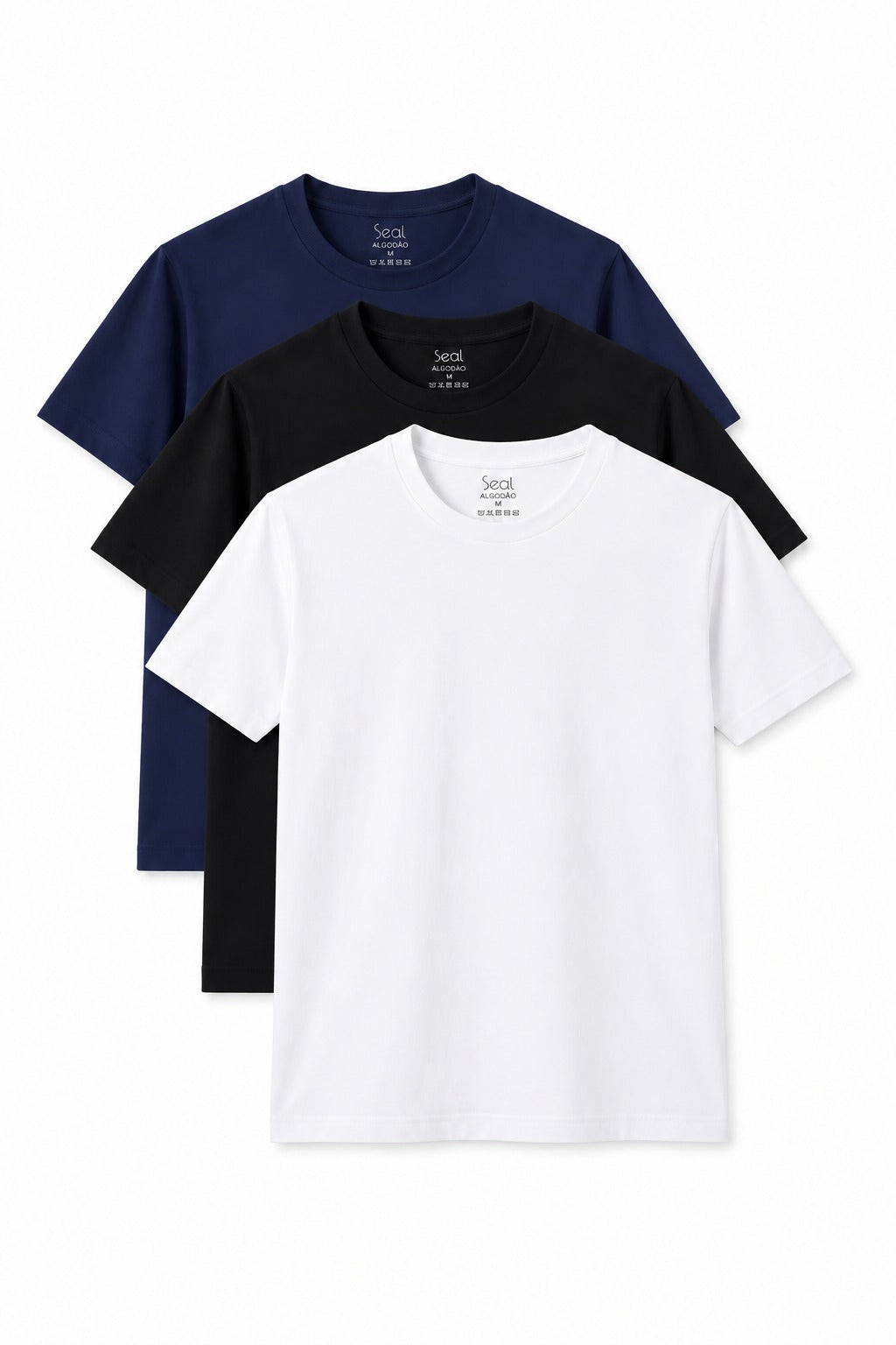 Kit 3 Camisetas Algodão Premium - Azul-marinho, Preto e Branco